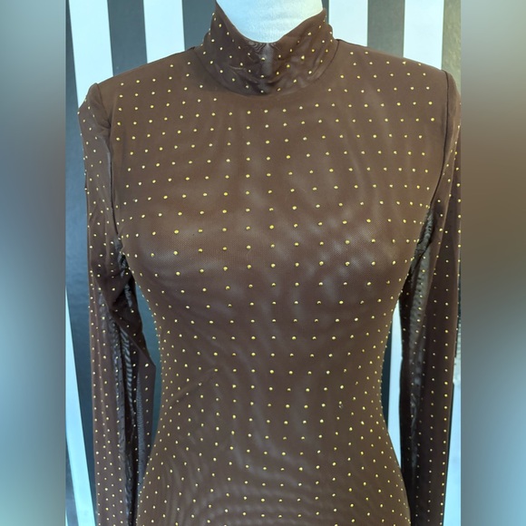 Brown with Gold Crystal Mock Neck Double Mesh Midi Dress - NWT - Picture 6 of 7